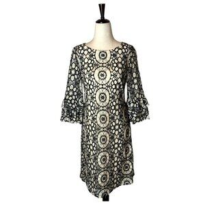 Taylor Black And Ivory Crochet Lace Long Bell Sleeve Fit‎ And Flare Dress Size 4
